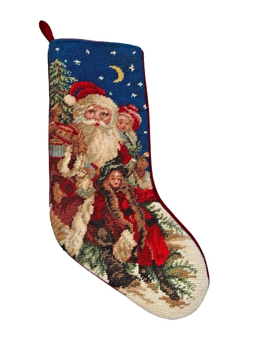 Needlepoint Old World Santa Vintage Christmas Stocking Red Velvet Back.